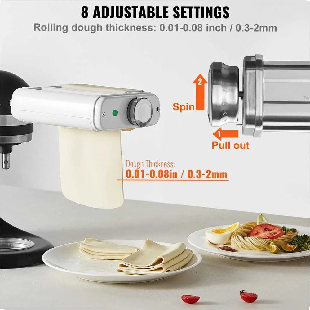 KitchenAid Makaronų gaminimo priedas pastatomam mikseriui, „trys viename“ nerūdijančio plieno kočiotuvas ir pjaustyklė, reguliuojamo storio makaronų mašinėlė, spagečių ir fettuccine pjaustymo rinkinys