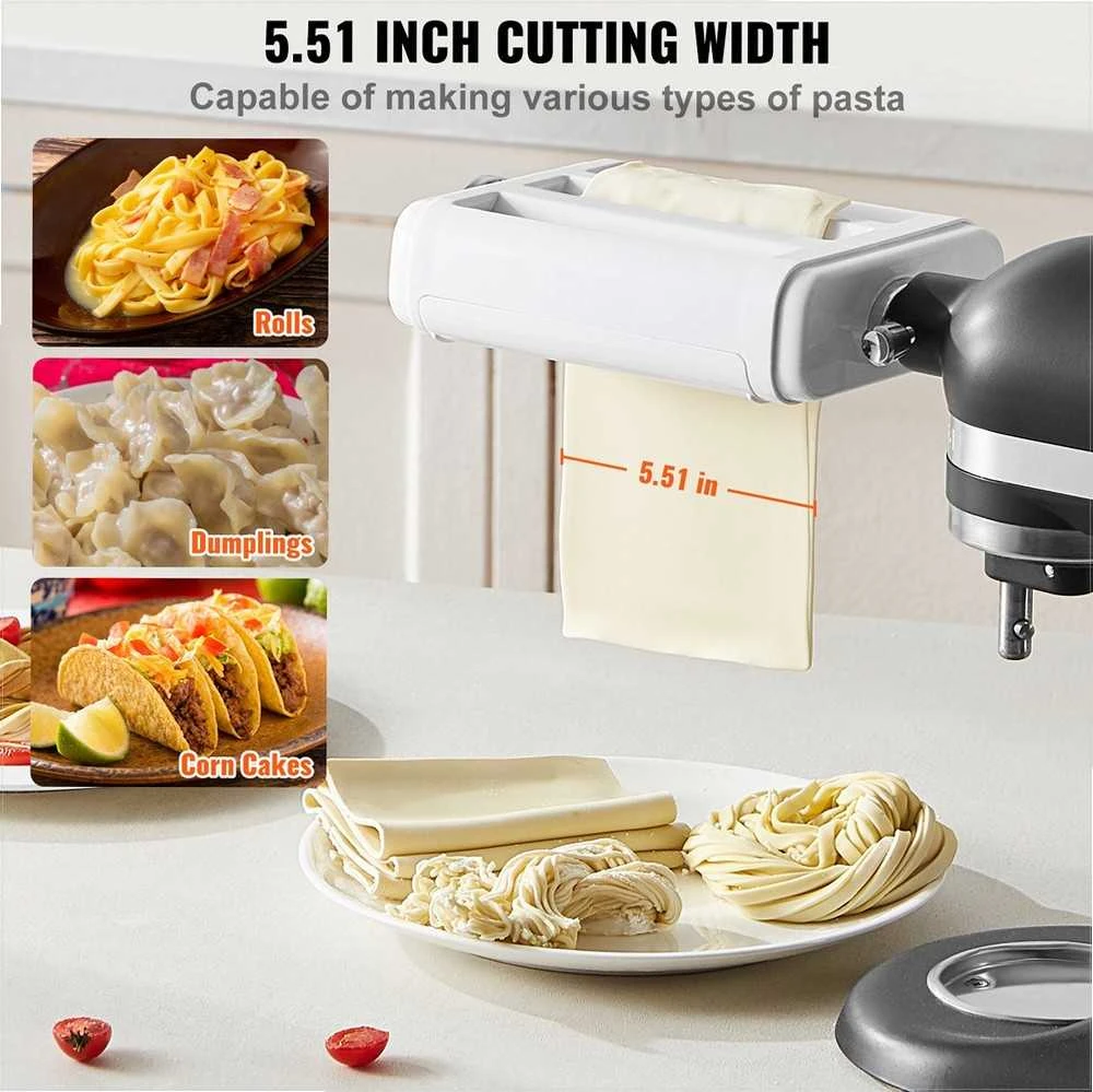 KitchenAid Makaronų gaminimo priedas pastatomam mikseriui, „trys viename“ nerūdijančio plieno kočiotuvas ir pjaustyklė, reguliuojamo storio makaronų mašinėlė, spagečių ir fettuccine pjaustymo rinkinys