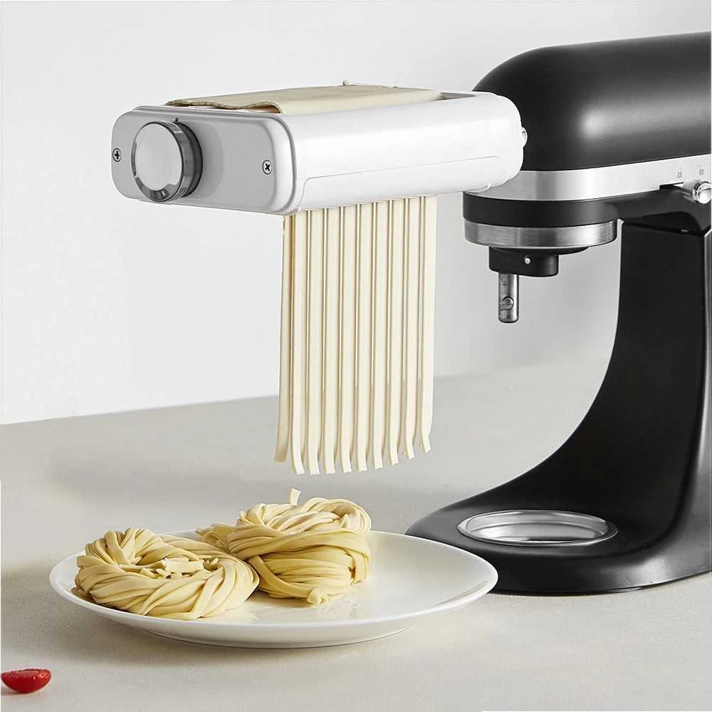 KitchenAid Makaronų gaminimo priedas pastatomam mikseriui, „trys viename“ nerūdijančio plieno kočiotuvas ir pjaustyklė, reguliuojamo storio makaronų mašinėlė, spagečių ir fettuccine pjaustymo rinkinys