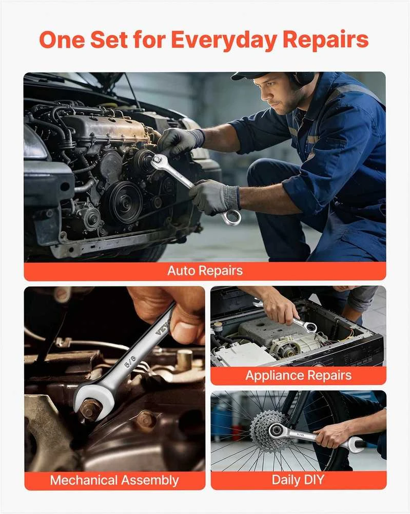 VEVOR Kombinuotų raktų rinkinys buities ir automobilių remontui, 26 dalių metrinis, 72 dantukų terkšlė, chromo vanadžio plienas, su laikikliu, veržliarakčių rinkinys, įrankių komplektas