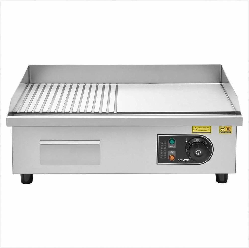 Komercinė elektrinė kepimo plokštė 3200W, pusiau rifliuota pusiau lygi, nerūdijančio plieno korpusas, reguliuojama temperatūra 50-300°C, profesionali kepsninė blynams ir kepsniams