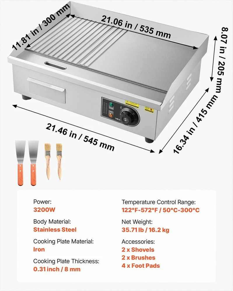 Komercinė elektrinė kepimo plokštė 3200W, pusiau rifliuota pusiau lygi, nerūdijančio plieno korpusas, reguliuojama temperatūra 50-300°C, profesionali kepsninė blynams ir kepsniams