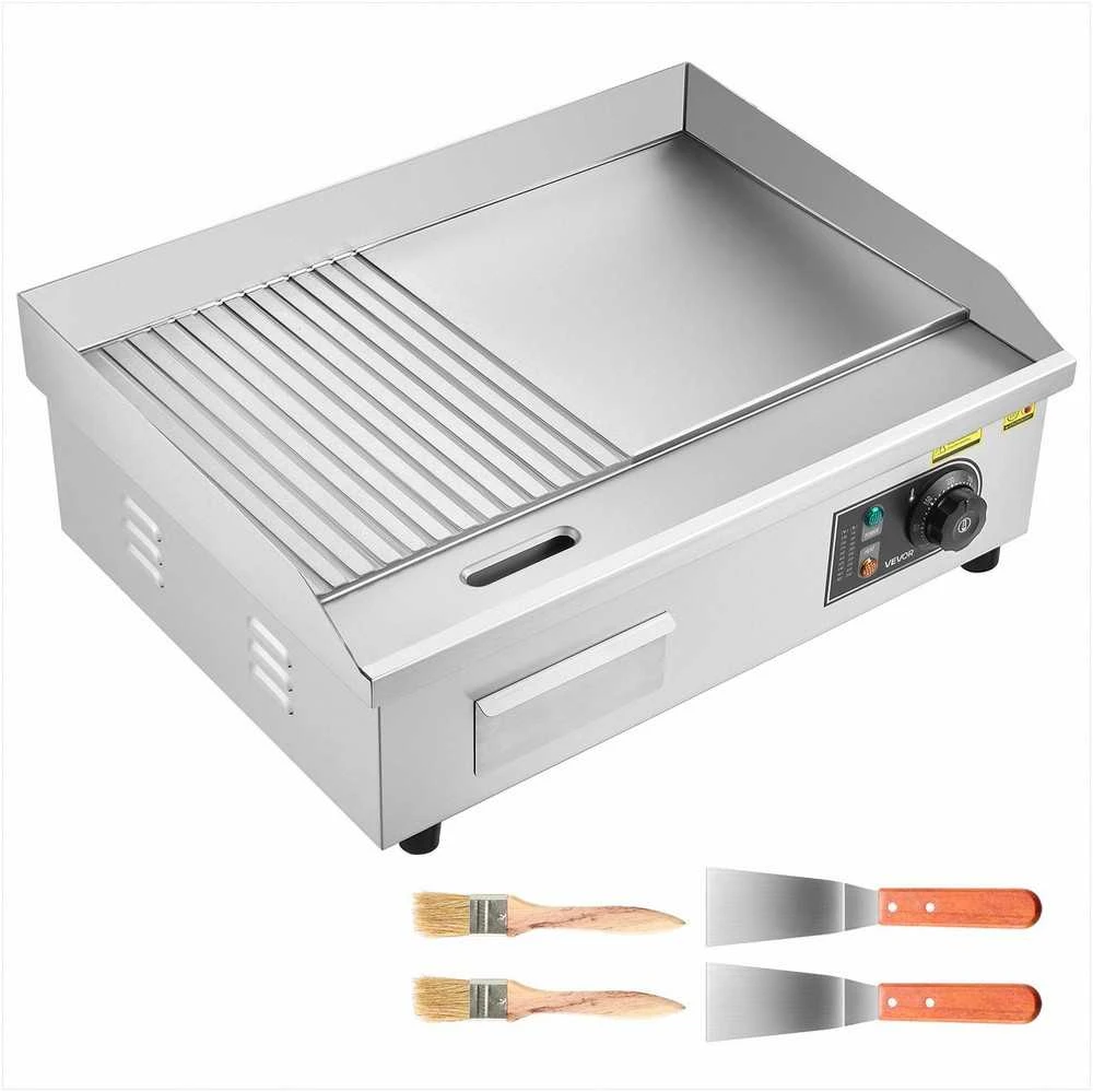 Komercinė elektrinė kepimo plokštė 3200W, pusiau rifliuota pusiau lygi, nerūdijančio plieno korpusas, reguliuojama temperatūra 50-300°C, profesionali kepsninė blynams ir kepsniams