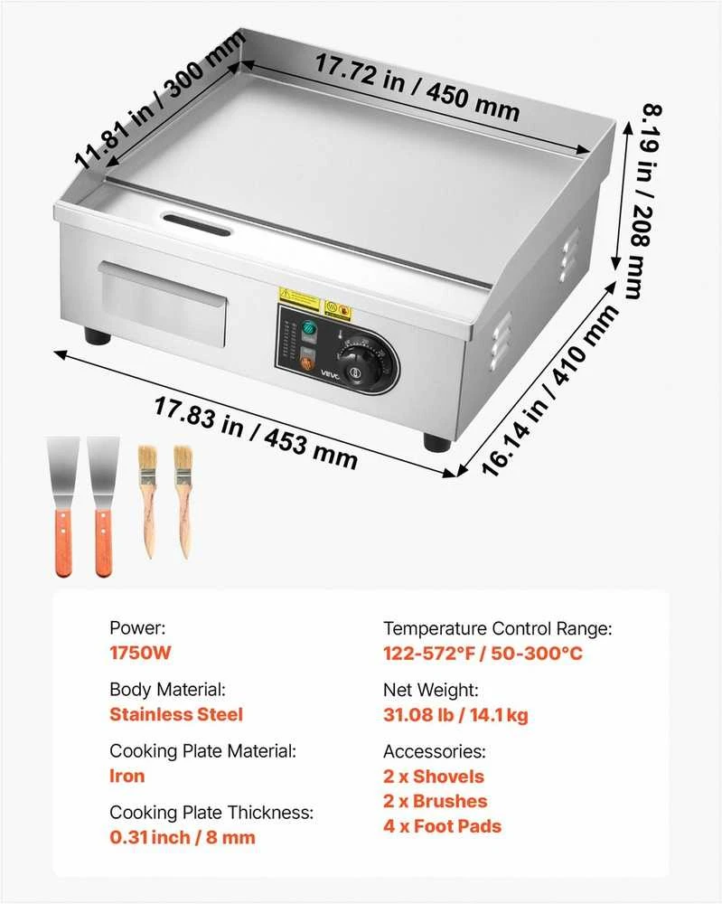 Komercinė elektrinė kepimo plokštuma kepsniams ir blynams, nerūdijančio plieno stalviršio grilis su reguliuojama temperatūra, 450 x 300 mm elektrinė kepimo plokštė, profesionali virtuvės įranga