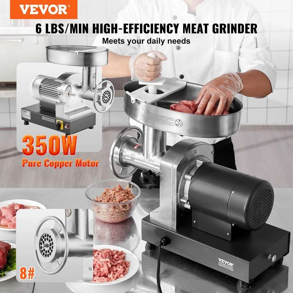 Komercinė elektrinė mėsmalė, 350W nerūdijančio plieno dešrų kimšimo mašina, 6kg/min našumas, didelio našumo mėsmalė virtuvei ir restoranui