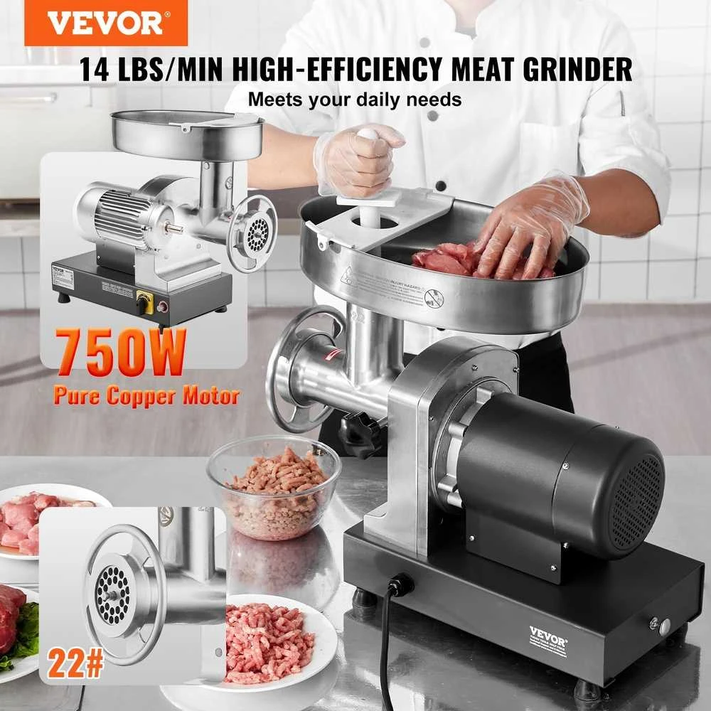 Komercinė elektrinė mėsmalė, 750W didelio našumo dešrų kimšimo aparatas, 14 kg/min našumas, nerūdijančio plieno mėsmalė virtuvei, restoranui, mėsinei