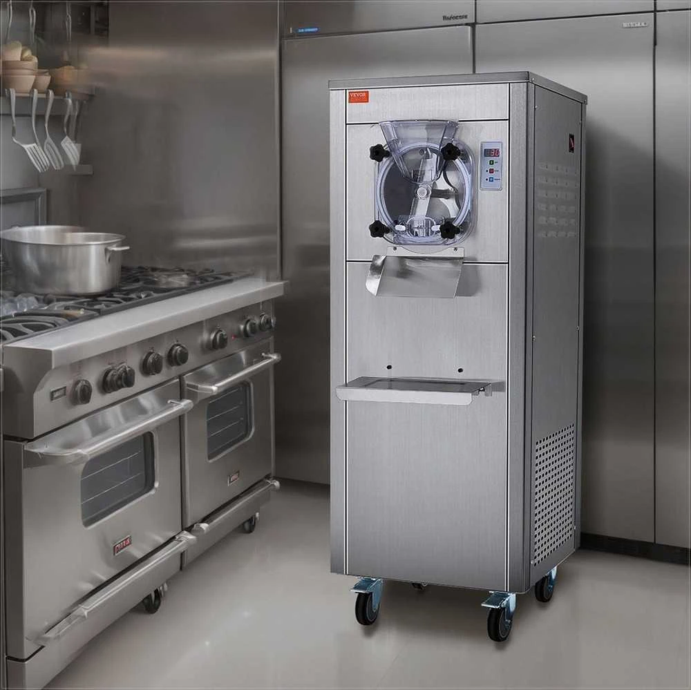 Komercinė ledų mašina, 18 L/H išeigos kietųjų ledų gaminimo aparatas, 1600W vieno skonio su ratukais, nerūdijančio plieno cilindras restoranams, kavinėms