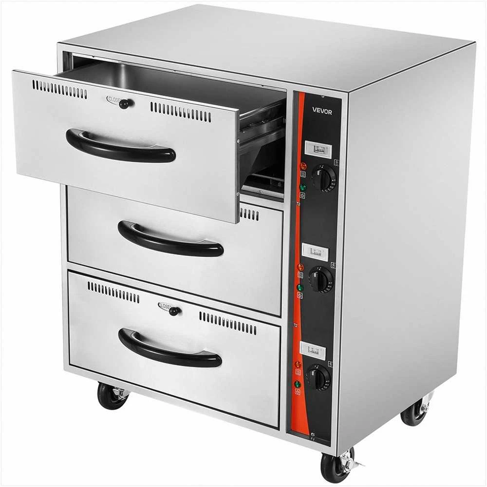 Komercinis elektrinis 3 stalčių maisto šildytuvas, nerūdijančio plieno pastatoma šildoma spintelė restoranams ir kepykloms, 30-85°C temperatūra, profesionali virtuvės įranga