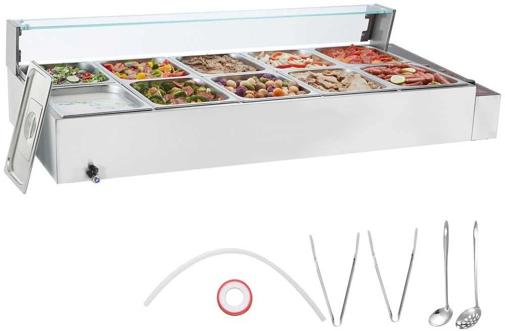 VEVOR Komercinis elektrinis maisto šildytuvas, 10 x 8 litrų talpos, nerūdijančio plieno bufeto serveris, su stiklo apsauga, viešbučiams, kavinėms, vakarėliams