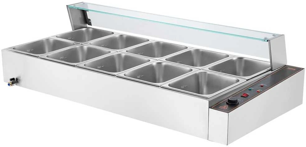 VEVOR Komercinis elektrinis maisto šildytuvas, 10 x 8 litrų talpos, nerūdijančio plieno bufeto serveris, su stiklo apsauga, viešbučiams, kavinėms, vakarėliams