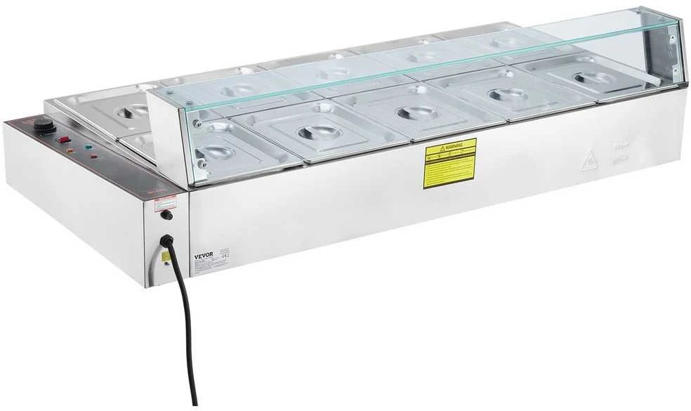 VEVOR Komercinis elektrinis maisto šildytuvas, 10 x 8 litrų talpos, nerūdijančio plieno bufeto serveris, su stiklo apsauga, viešbučiams, kavinėms, vakarėliams