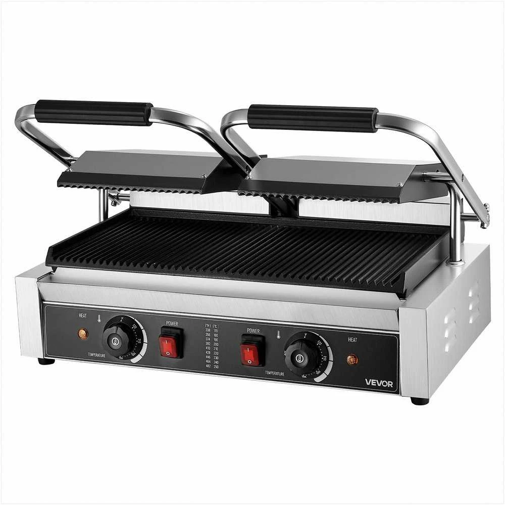 Komercinis kontaktinis grilis, 3600W elektrinis dvigubas sumuštinių kepuvas, nerūdijantis plienas, 48x23cm rifliuota emalio plokštė, profesionalus prietaisas mėsai ir kepsniams