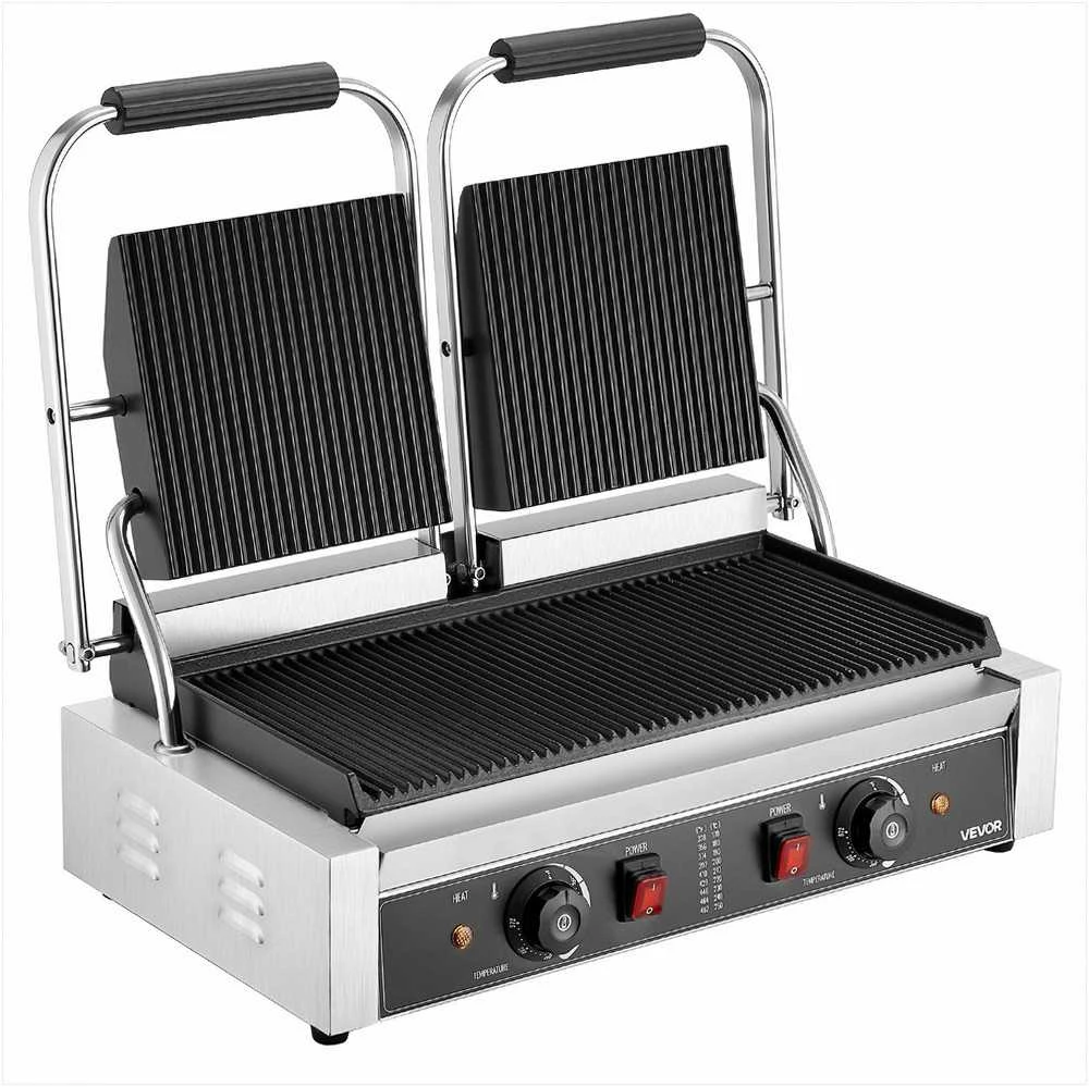 Komercinis kontaktinis grilis, 3600W elektrinis dvigubas sumuštinių kepuvas, nerūdijantis plienas, 48x23cm rifliuota emalio plokštė, profesionalus prietaisas mėsai ir kepsniams