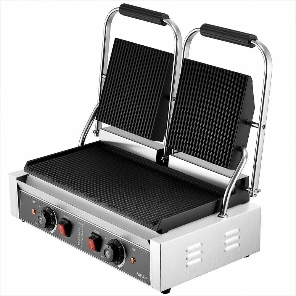 Komercinis kontaktinis grilis, 3600W elektrinis dvigubas sumuštinių kepuvas, nerūdijantis plienas, 48x23cm rifliuota emalio plokštė, profesionalus prietaisas mėsai ir kepsniams