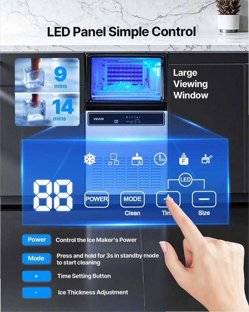 Komercinis ledo gaminimo aparatas su LED ekranu ir savaiminiu išsivalymu, nerūdijančio plieno įmontuojamas ledo generatorius, 59kg paros gamyba, 15kg talpa, profesionali įranga