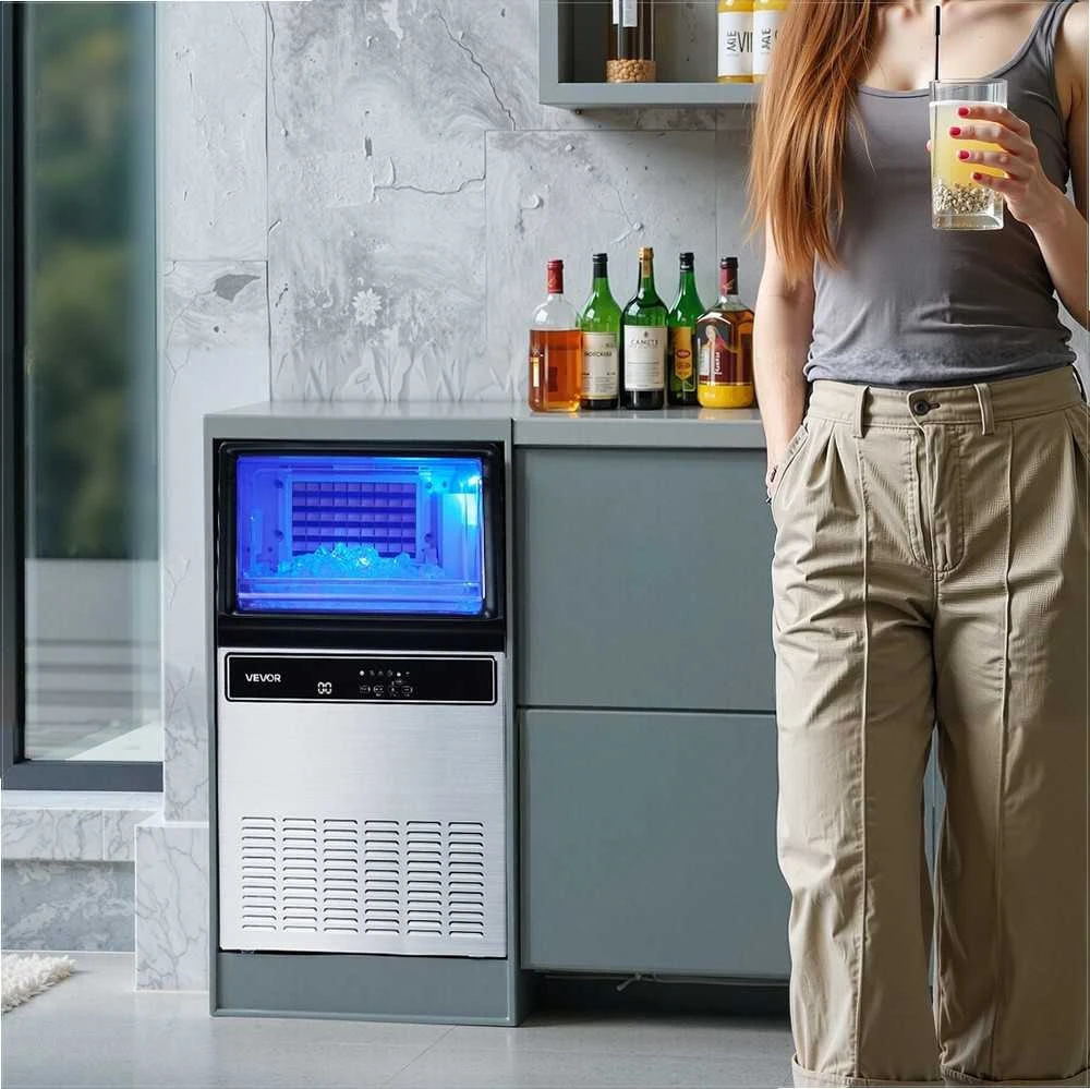 Komercinis ledo gaminimo aparatas su LED ekranu ir savaiminiu išsivalymu, nerūdijančio plieno įmontuojamas ledo generatorius, 59kg paros gamyba, 15kg talpa, profesionali įranga