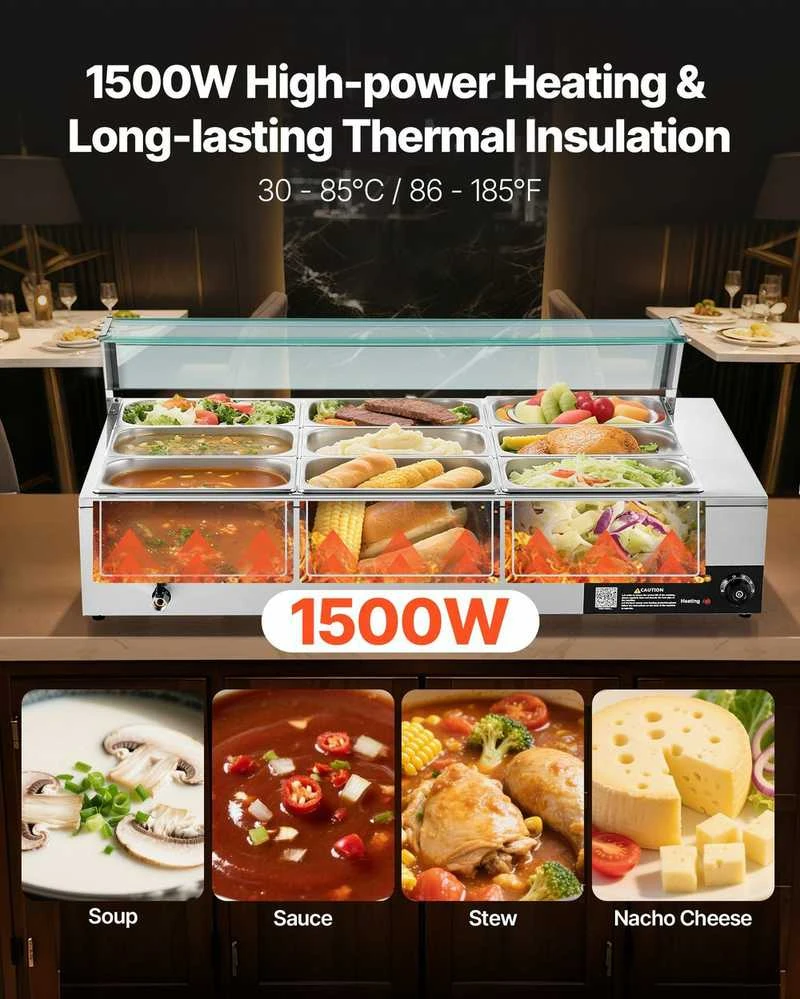 Komercinis maisto šildytuvas, 1500W elektrinis garinis „Bain Marie“, 9 indų nerūdijančio plieno bufeto serveris maitinimui