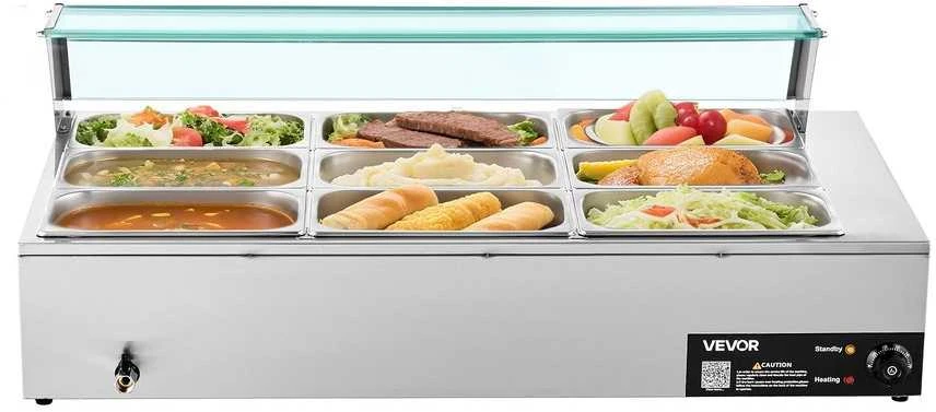 Komercinis maisto šildytuvas, 1500W elektrinis garinis „Bain Marie“, 9 indų nerūdijančio plieno bufeto serveris maitinimui