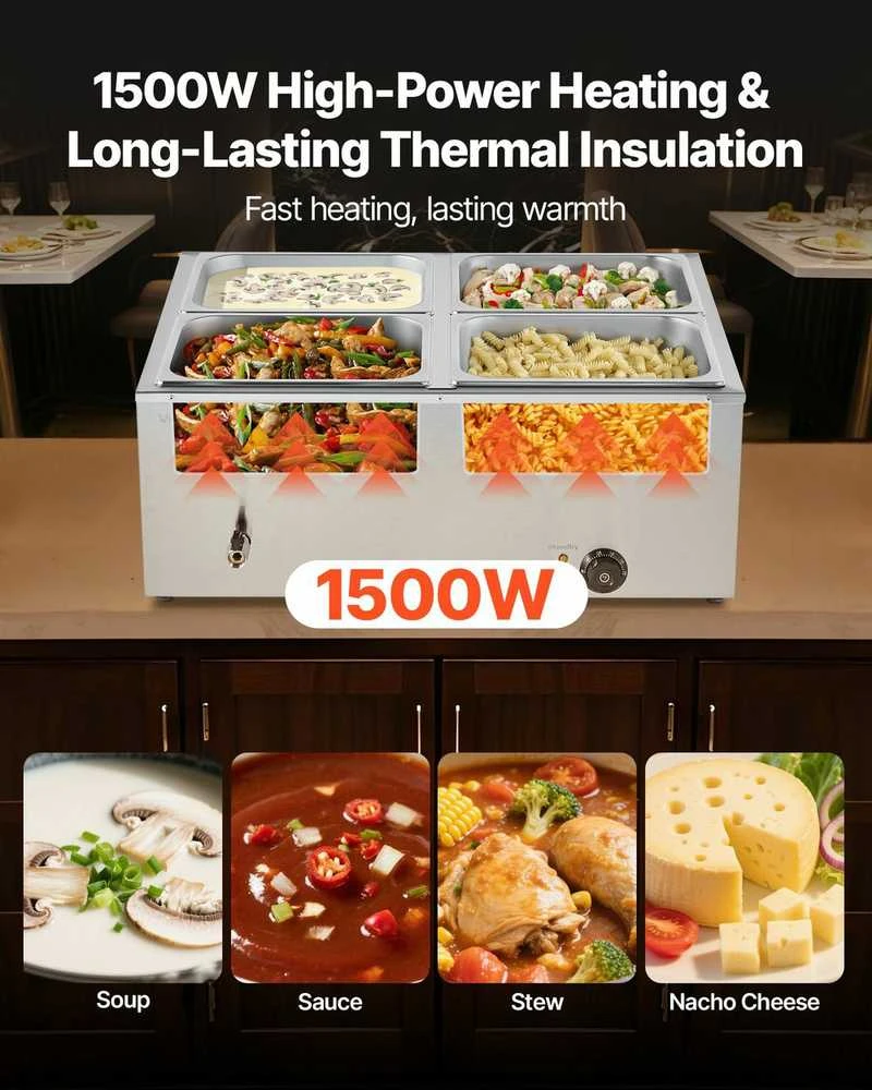 Komercinis maisto šildytuvas, 1500W elektrinis garinis bain marie, 4 indų nerūdijančio plieno maisto šildytuvas maitinimui