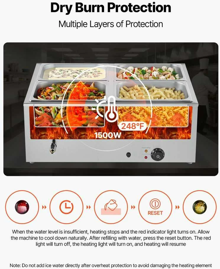Komercinis maisto šildytuvas, 1500W elektrinis garinis bain marie, 4 indų nerūdijančio plieno maisto šildytuvas maitinimui