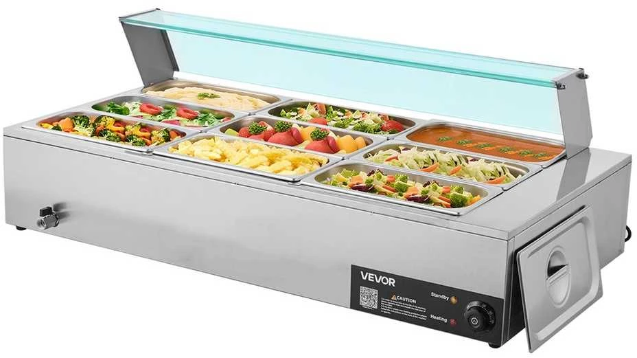 Komercinis maisto šildytuvas, 1500W elektrinis garinis „Bain Marie“, 9 indų nerūdijančio plieno bufeto serveris maitinimui