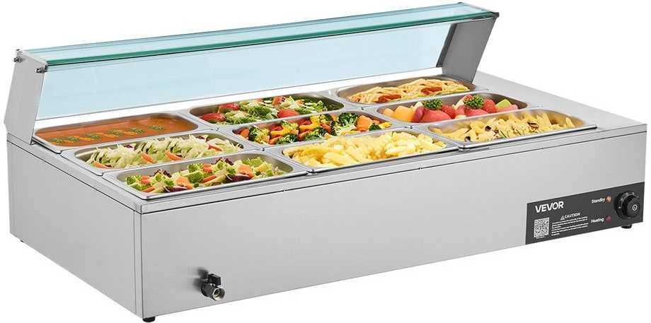 Komercinis maisto šildytuvas, 1500W elektrinis garinis „Bain Marie“, 9 indų nerūdijančio plieno bufeto serveris maitinimui