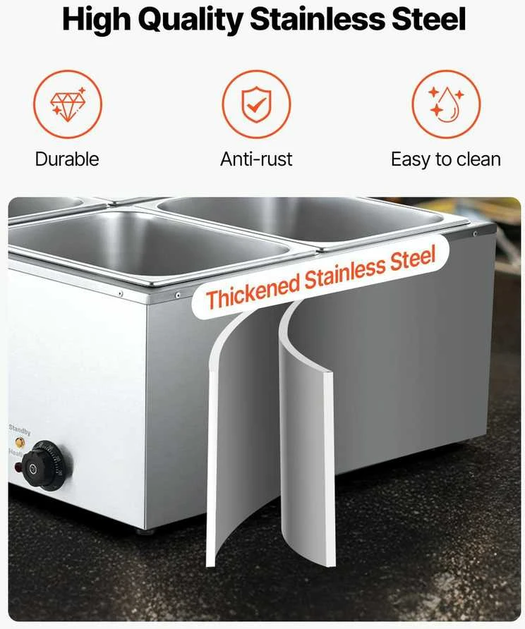 Komercinis maisto šildytuvas, 1500W elektrinis garinis bain marie, 4 indų nerūdijančio plieno maisto šildytuvas maitinimui