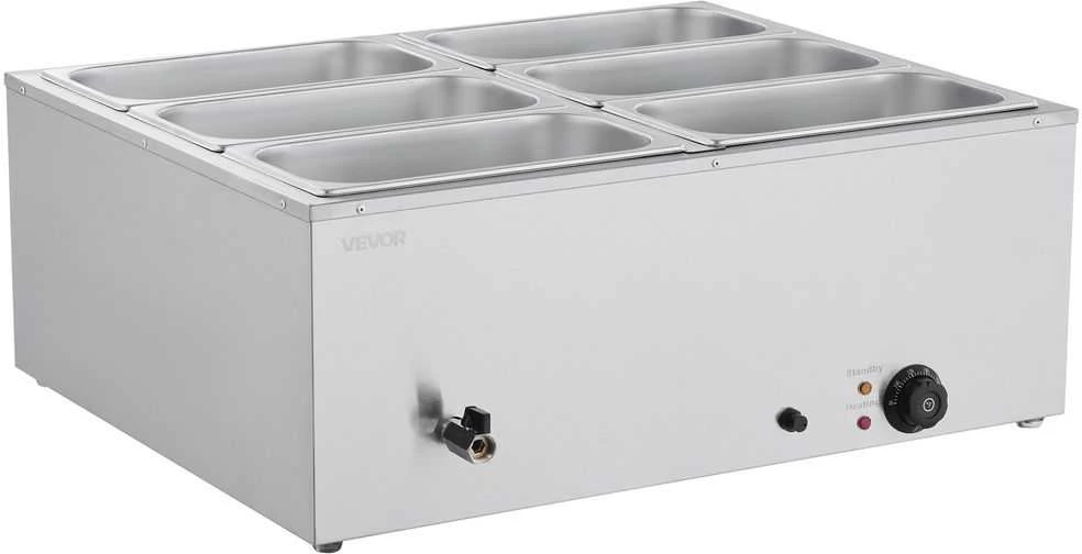 Komercinis maisto šildytuvas, 1500W elektrinis nerūdijančio plieno garų šildytuvas, 6 keptuvių bufeto serveris maitinimui