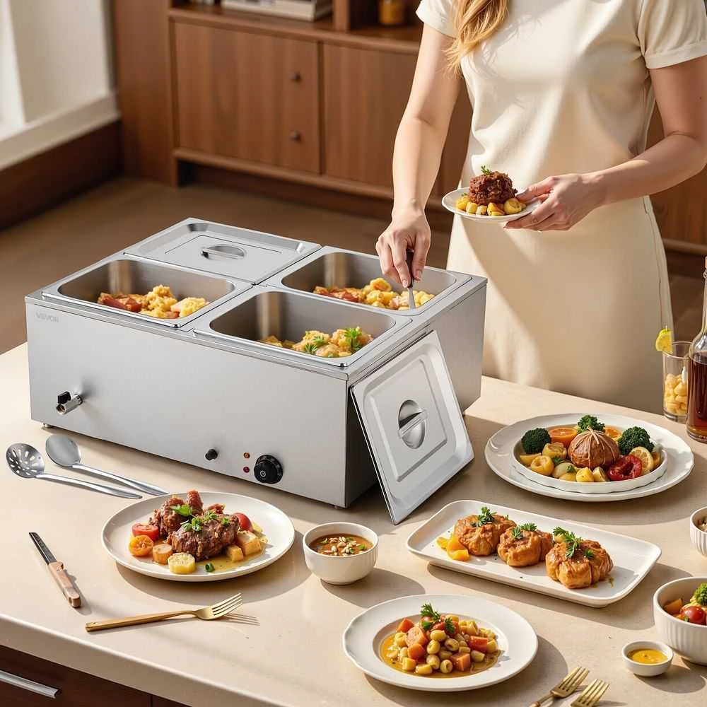 Komercinis maisto šildytuvas, 1500W elektrinis garinis bain marie, 4 indų nerūdijančio plieno maisto šildytuvas maitinimui