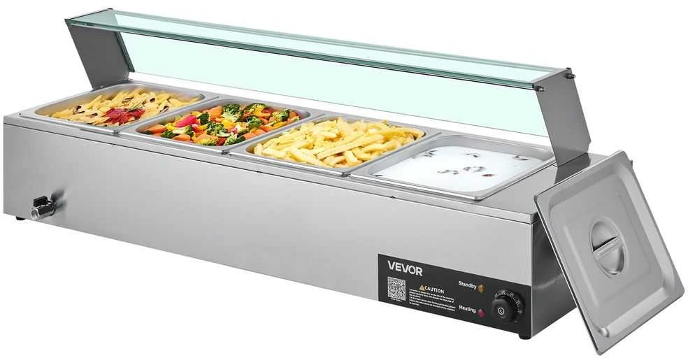 Komercinis maisto šildytuvas, 1500W nerūdijančio plieno garinis maisto šildytuvas, 4 indų stalviršio bufeto serveris restoranams, maitinimo įstaigoms ir vakarėliams