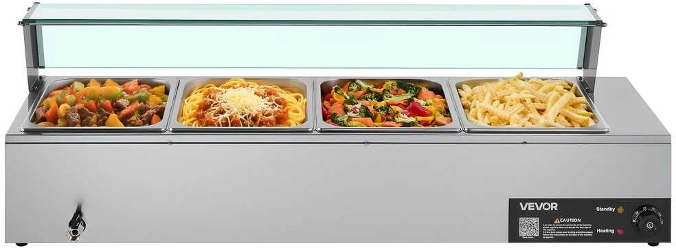 Komercinis maisto šildytuvas, 1500W nerūdijančio plieno garinis maisto šildytuvas, 4 indų stalviršio bufeto serveris restoranams, maitinimo įstaigoms ir vakarėliams