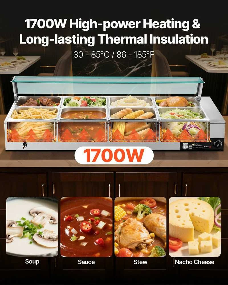 Komercinis maisto šildytuvas, 1700W elektrinis garinis bain marie, nerūdijančio plieno bufeto serveris maitinimui, restoranui, vakarėliui, 8 indų maisto šildytuvas