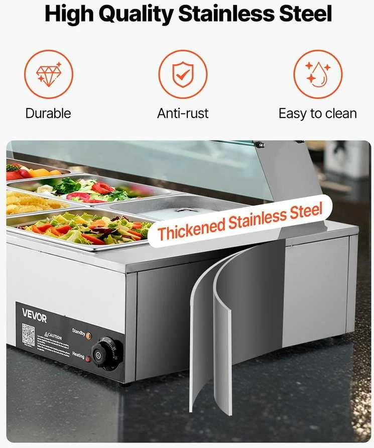 Komercinis maisto šildytuvas, 1700W elektrinis garinis bain marie, nerūdijančio plieno bufeto serveris maitinimui, restoranui, vakarėliui, 8 indų maisto šildytuvas