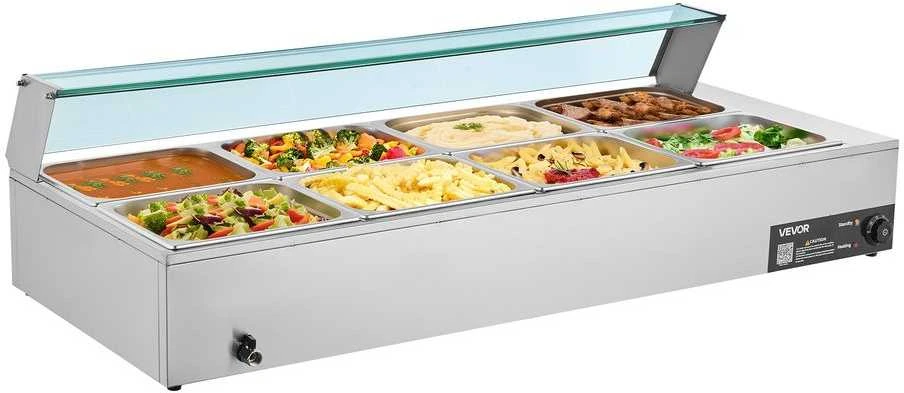 Komercinis maisto šildytuvas, 1700W elektrinis garinis bain marie, nerūdijančio plieno bufeto serveris maitinimui, restoranui, vakarėliui, 8 indų maisto šildytuvas