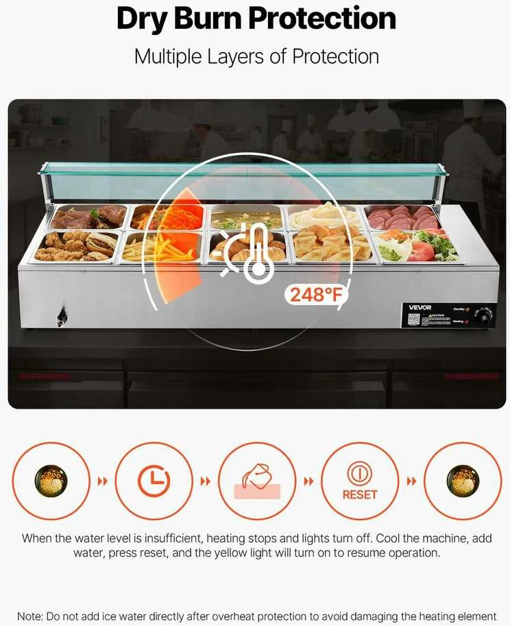 Komercinis maisto šildytuvas, 1700W elektrinis garinis bain marie, nerūdijančio plieno bufeto serveris maitinimui