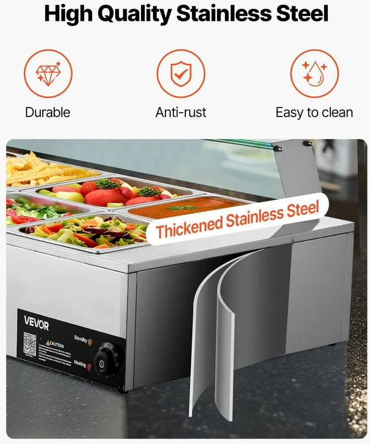 Komercinis maisto šildytuvas, 1700W elektrinis garinis bain marie, nerūdijančio plieno bufeto serveris maitinimui
