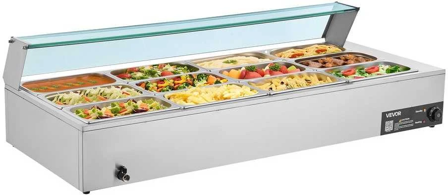 Komercinis maisto šildytuvas, 1700W elektrinis nerūdijančio plieno garų šildytuvas, 12 indų bufeto bain marie maitinimo įstaigoms