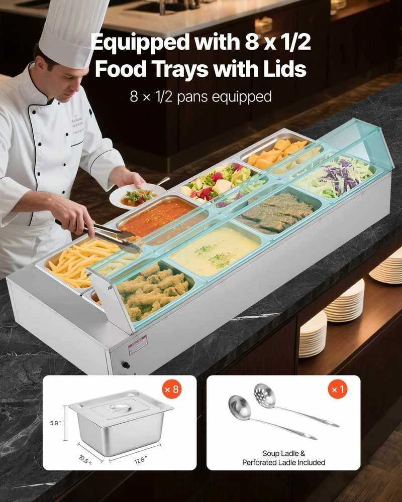 Komercinis maisto šildytuvas, 1700W elektrinis garinis bain marie, nerūdijančio plieno bufeto serveris maitinimui, restoranui, vakarėliui, 8 indų maisto šildytuvas
