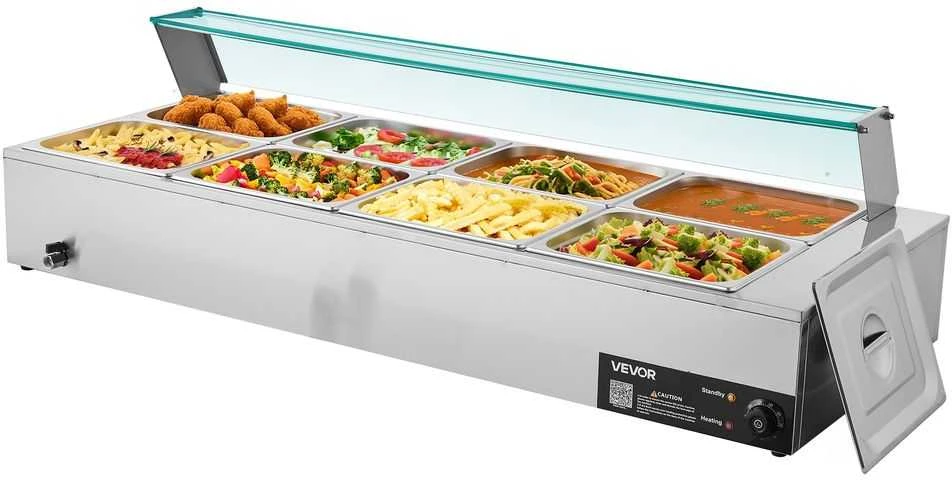 Komercinis maisto šildytuvas, 1700W elektrinis garinis bain marie, nerūdijančio plieno bufeto serveris maitinimui, restoranui, vakarėliui, 8 indų maisto šildytuvas