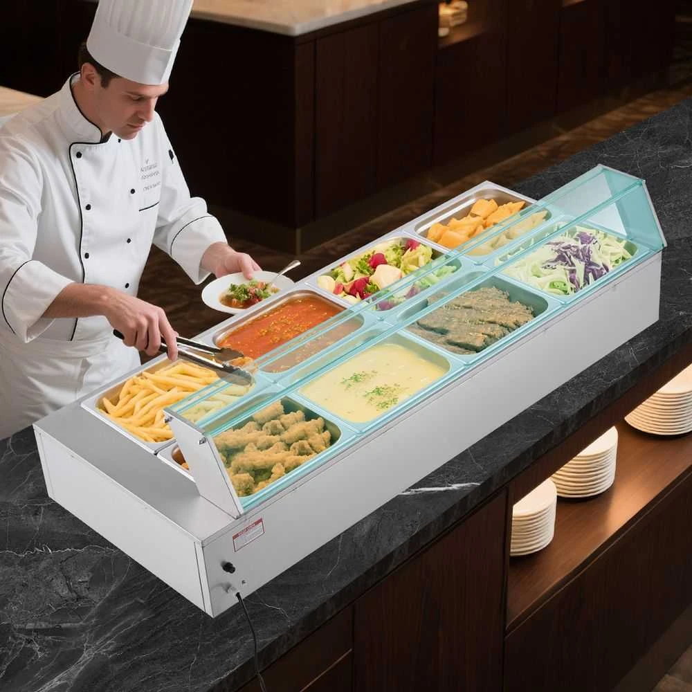 Komercinis maisto šildytuvas, 1700W elektrinis garinis bain marie, nerūdijančio plieno bufeto serveris maitinimui, restoranui, vakarėliui, 8 indų maisto šildytuvas