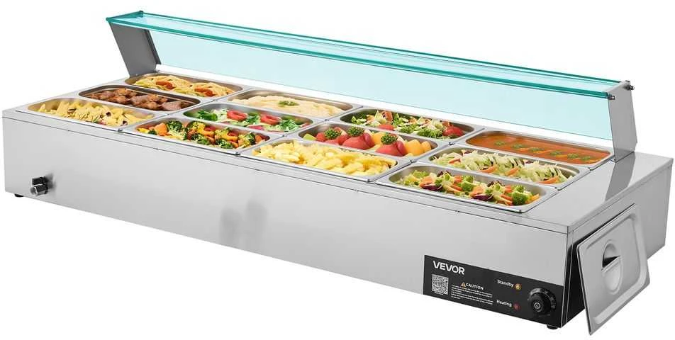 Komercinis maisto šildytuvas, 1700W elektrinis nerūdijančio plieno garų šildytuvas, 12 indų bufeto bain marie maitinimo įstaigoms