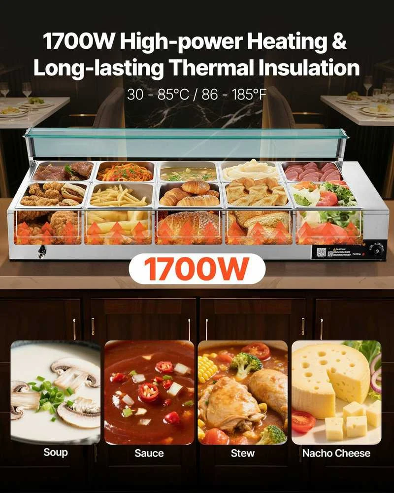 Komercinis maisto šildytuvas, 1700W elektrinis garinis bain marie, nerūdijančio plieno bufeto serveris maitinimui