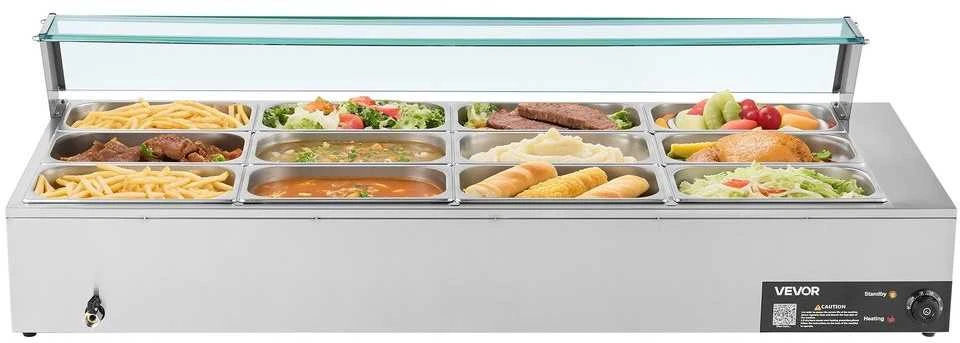 Komercinis maisto šildytuvas, 1700W elektrinis nerūdijančio plieno garų šildytuvas, 12 indų bufeto bain marie maitinimo įstaigoms