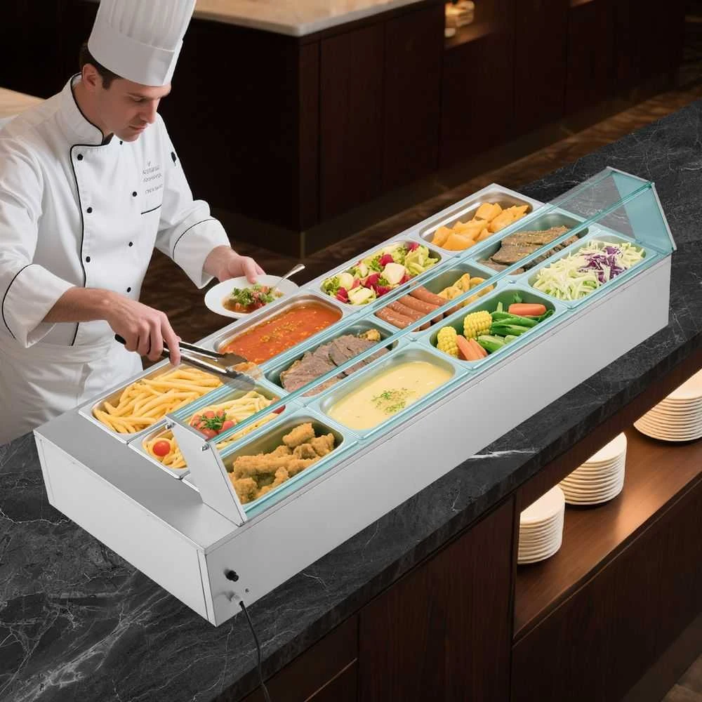 Komercinis maisto šildytuvas, 1700W elektrinis nerūdijančio plieno garų šildytuvas, 12 indų bufeto bain marie maitinimo įstaigoms
