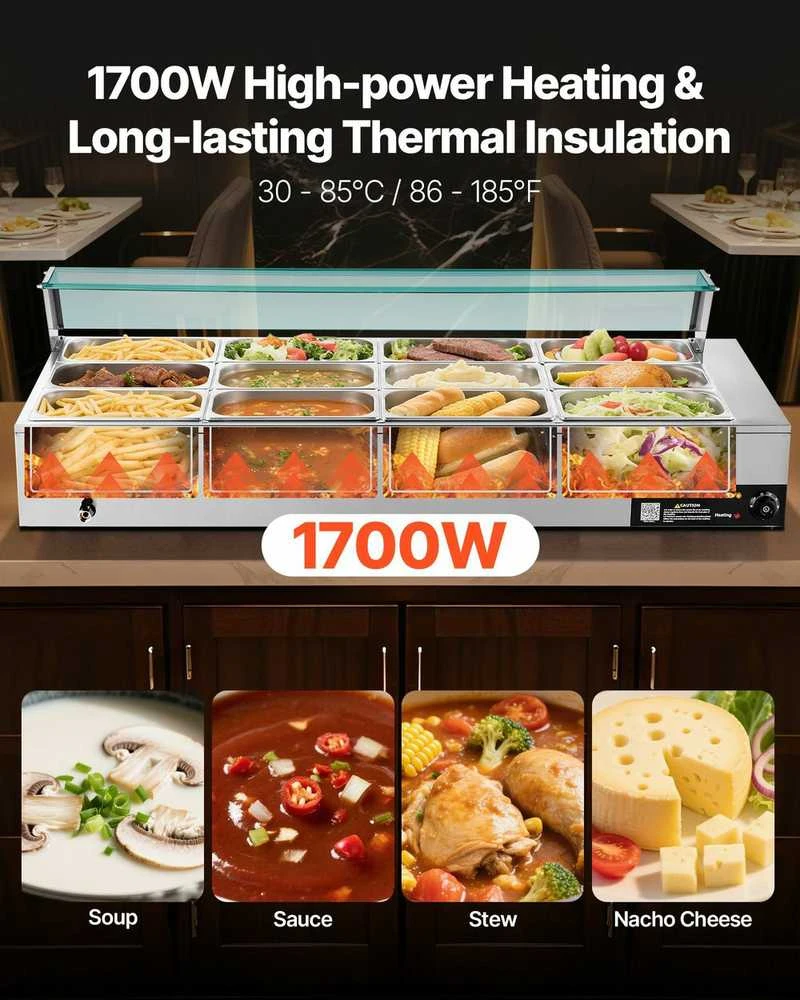 Komercinis maisto šildytuvas, 1700W elektrinis nerūdijančio plieno garų šildytuvas, 12 indų bufeto bain marie maitinimo įstaigoms
