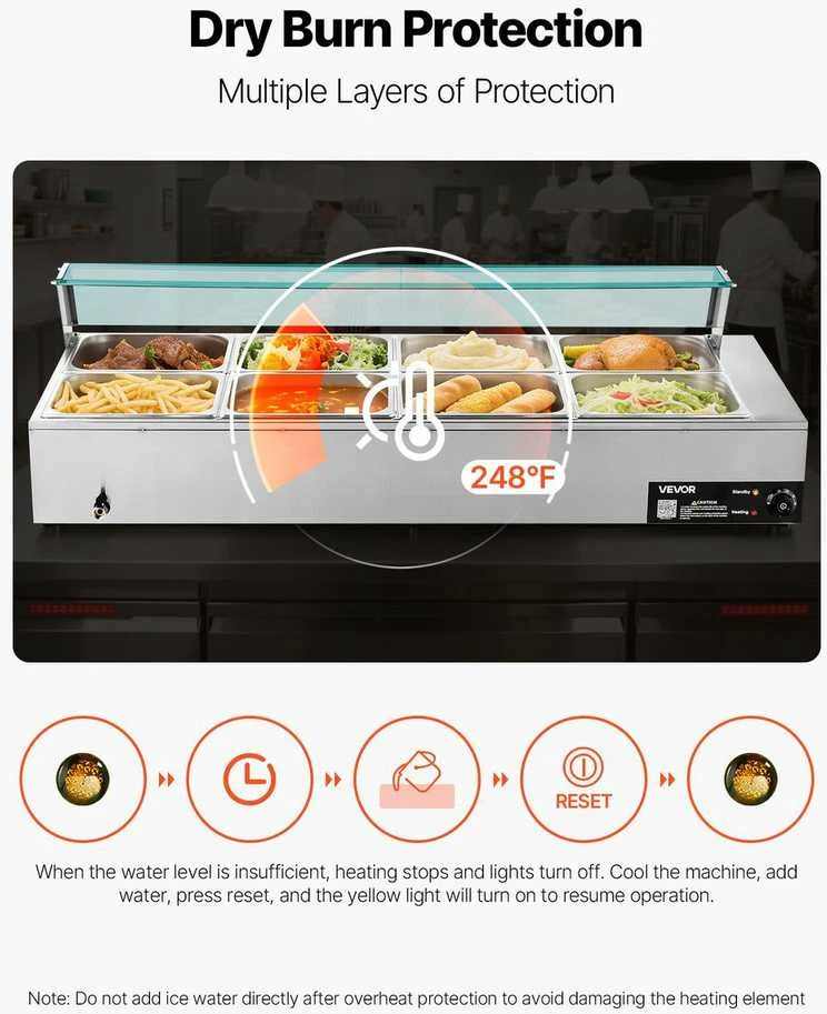 Komercinis maisto šildytuvas, 1700W elektrinis garinis bain marie, nerūdijančio plieno bufeto serveris maitinimui, restoranui, vakarėliui, 8 indų maisto šildytuvas