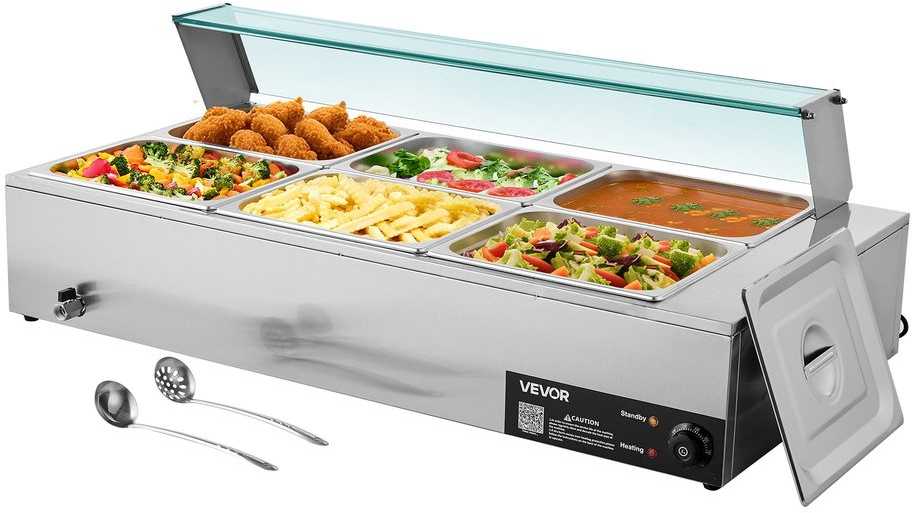 Komercinis maisto šildytuvas, elektrinis nerūdijančio plieno garinis vandens vonelės šildytuvas, 6 indų maisto šildytuvas maitinimui, restoranams ir vakarėliams