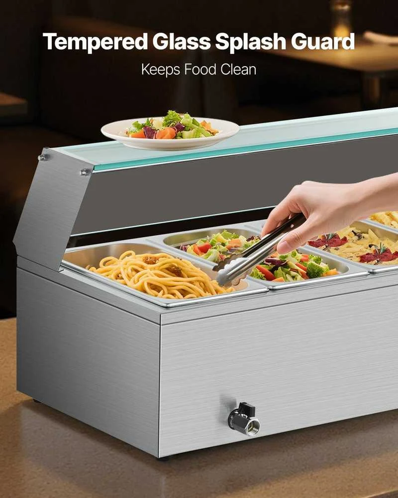 Komercinis maisto šildytuvas, elektrinis nerūdijančio plieno garinis bain marie, 6 indų maisto laikymo stotis, maitinimo bufeto šildytuvas