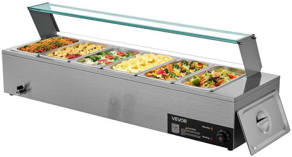 Komercinis maisto šildytuvas, elektrinis nerūdijančio plieno garinis bain marie, 6 indų maisto laikymo stotis, maitinimo bufeto šildytuvas
