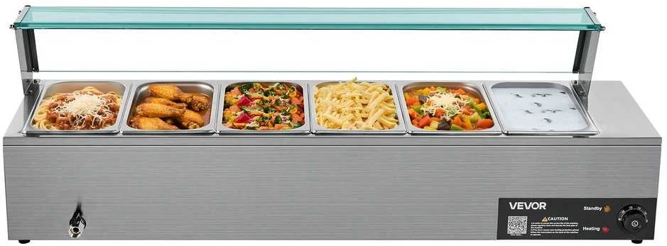 Komercinis maisto šildytuvas, elektrinis nerūdijančio plieno garinis bain marie, 6 indų maisto laikymo stotis, maitinimo bufeto šildytuvas
